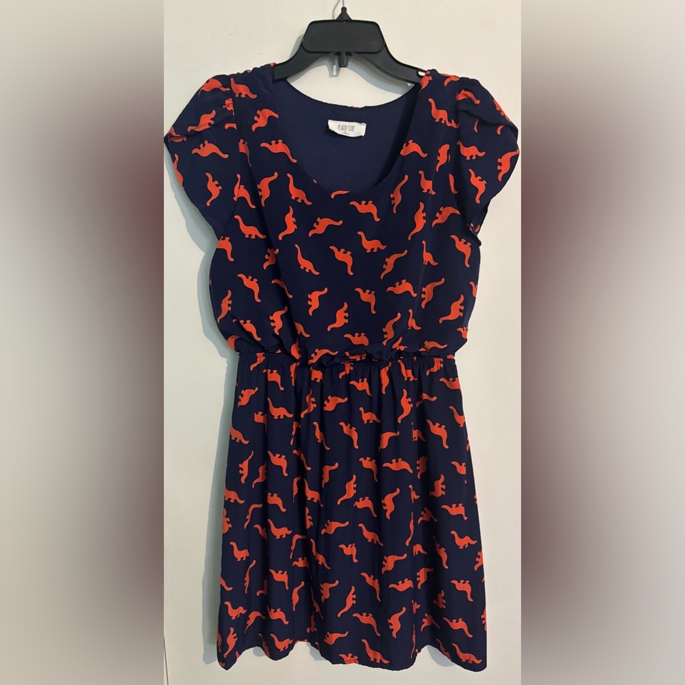 Peach Love California Modcloth Oh My Gosh Dinosaur Dress Navy Orange Sz Medium